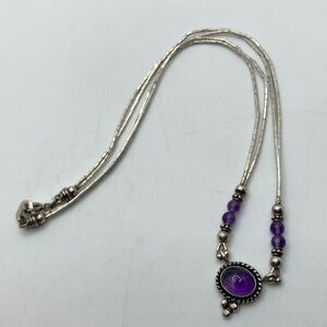 Vtg QT Sterling Liquid Silver Heishi Tube Bead Amethyst Necklace 16”